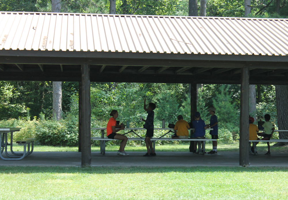 Lots of picnic benches